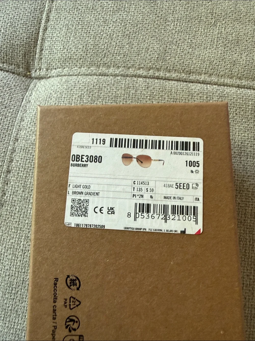 Burberry Gold Frame Brown Gradient Aviator Sunglasses with Signature Temple